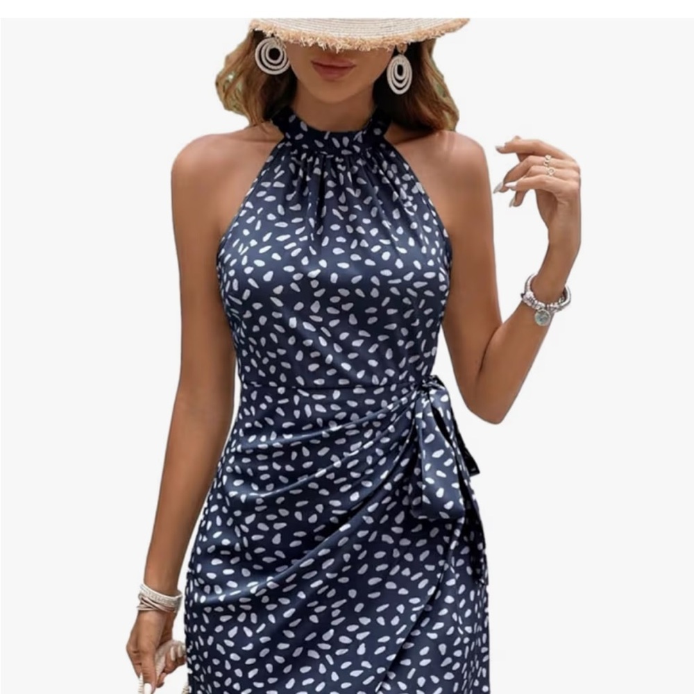 Amazon Navy One-Shoulder Polka Dot Halter Dress